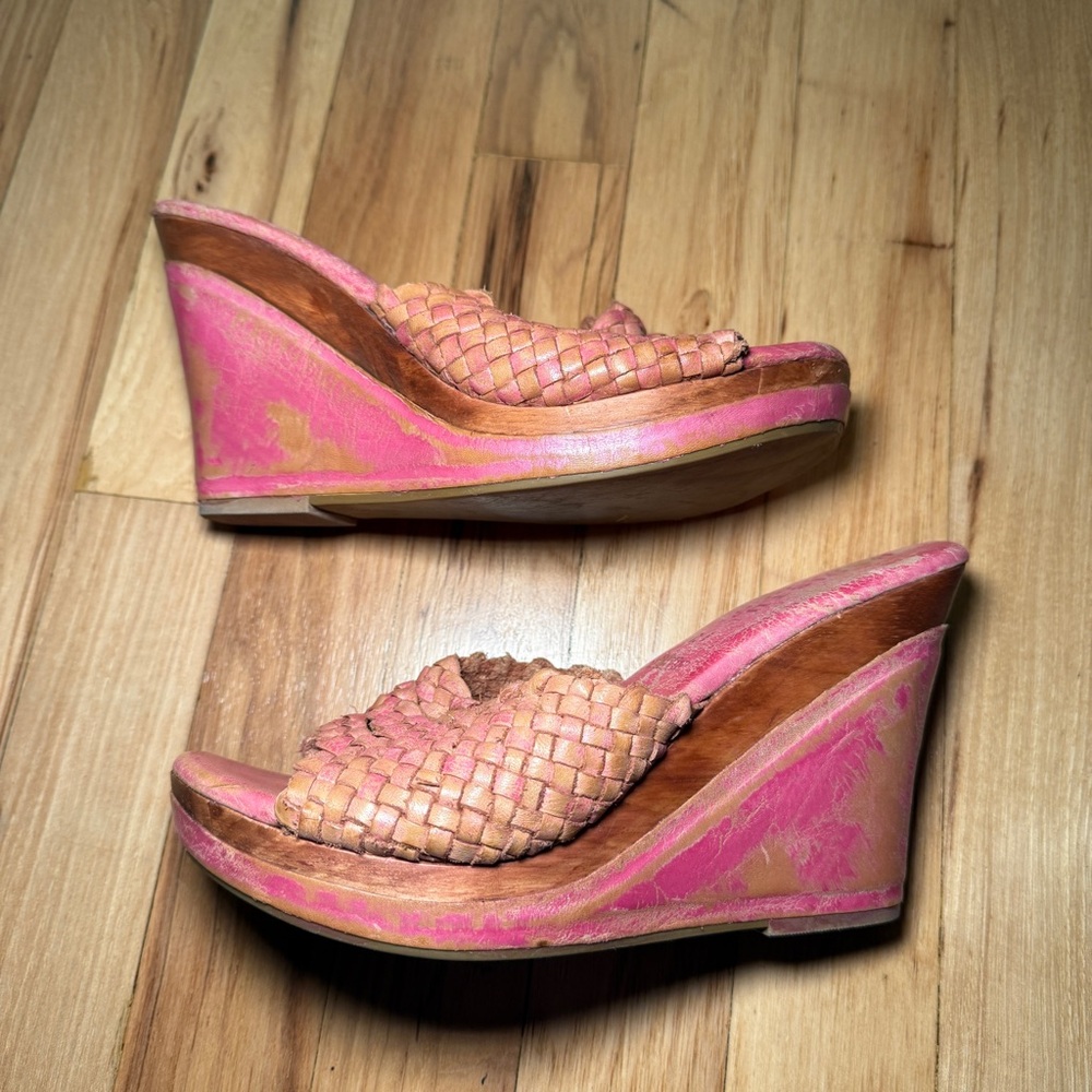 Bed Stu Woven Leather Wood Distressed Wedges - Picture 4 of 9